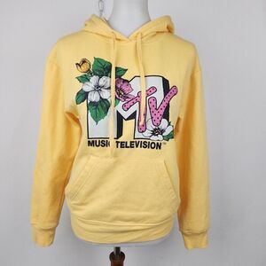 MTV Music Television Yellow Floral Logo Hoodie Sweatshirt Womens XS